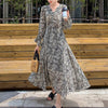 A-Line Dress 2022 Autumn Chiffon Print Women V-Neck Bell Sleeve Pullover Loose Vintage Midi Dresses D09015R