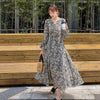 A-Line Dress 2022 Autumn Chiffon Print Women V-Neck Bell Sleeve Pullover Loose Vintage Midi Dresses D09015R