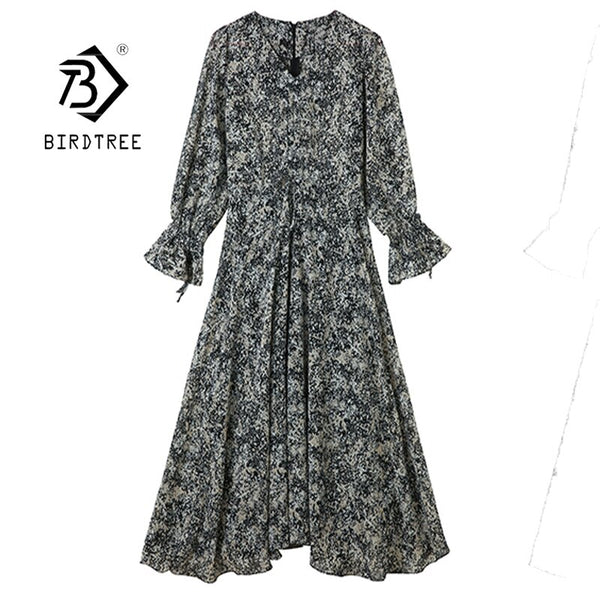 A-Line Dress 2022 Autumn Chiffon Print Women V-Neck Bell Sleeve Pullover Loose Vintage Midi Dresses D09015R