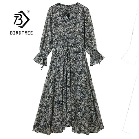 A-Line Dress 2022 Autumn Chiffon Print Women V-Neck Bell Sleeve Pullover Loose Vintage Midi Dresses D09015R