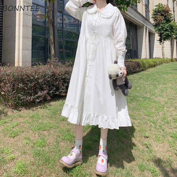 A-line Dress Women Solid Peter Pan Collar Autumn Student Long Sleeve Simple College Feminino Vestidos Ulzzang Loose Chic