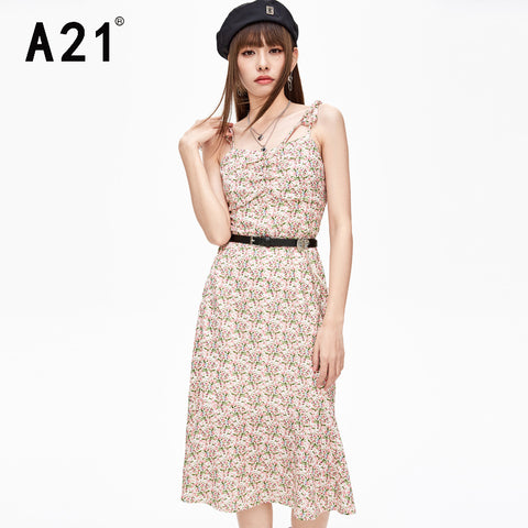 A21 Chic Summer 2023 Spaghetti Strap Floral Pring Dress for Women Sleeveless Slim Backless Female Midi Ruffles Dress Vestidos