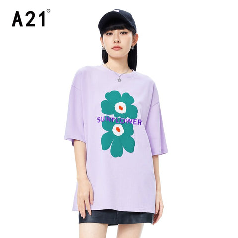 A21 Purple 2023 Summer Loose T Shirts for Women Cotton Casual O Neck Half Sleeve Female Classic Floral Print Tops Tees