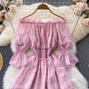 A635 Autumn 2022 Korean Women Slash Neck Printed Chiffon Short Thin A-line Dress Sweet Korean Vestidos