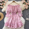 A635 Autumn 2022 Korean Women Slash Neck Printed Chiffon Short Thin A-line Dress Sweet Korean Vestidos