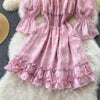 A635 Autumn 2022 Korean Women Slash Neck Printed Chiffon Short Thin A-line Dress Sweet Korean Vestidos