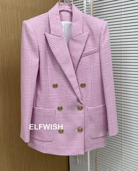AAA QUALITY !!! Woman 2023 Autumn Pink Houndstooth Straight Blazer Double Breasted Gold Button Long Sleeved Padded Suits