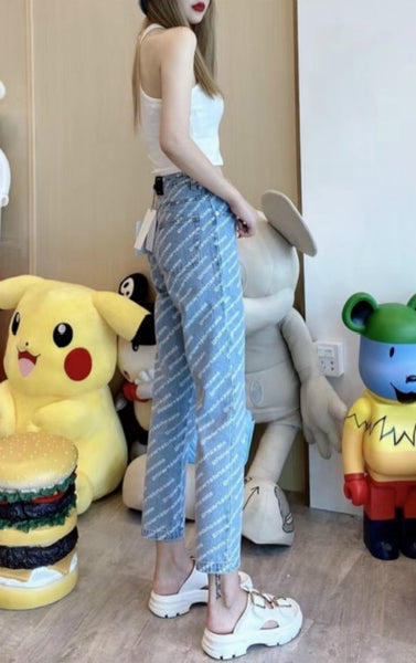 AAW100 Women High Waist Loose Casual Print Letter Allover Logo Jeans Light Blue A2