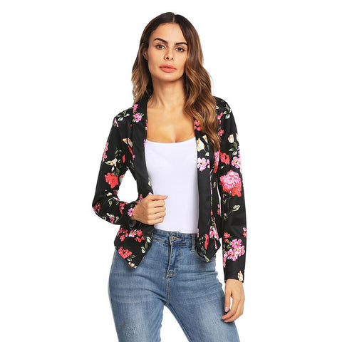 Autumn Flore Print Women Vintage Short Blazer Lapel Slim Front Open Long Sleeve Blazers Female  Casual Retro Blazers