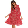 Vintage Dress Women Autumn 50s 60s Elegant Polka Dot V-Neck 3/4 Sleeve Button Ruffles A-Line Party Dresses Vestidos Robe