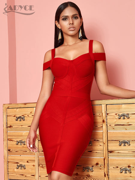 ADYCE Off Shoulder Bodycon Bandage Dress Women Sexy Red Spaghetti Strap Knee Length Club Celebrity Evening Runway Party Dresses