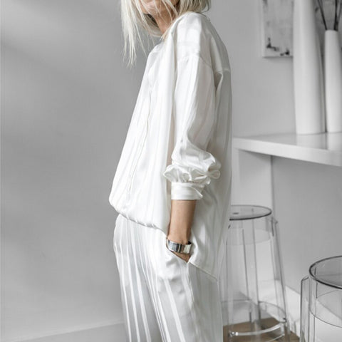 AEL Drop Shoulder Sleeve Loose Blouse Woman And Elastic Waist Casual Pant Trendy Stripe Lady Two Piece Set Summer Romantic