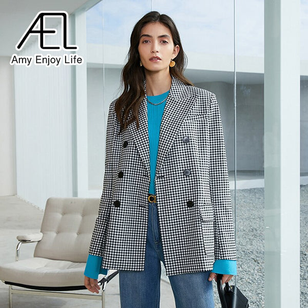 AEL Women Notched Neck Blazer Plaid Coat Suits Office Female Spring Casual Double-Breasted Ladies Jacket