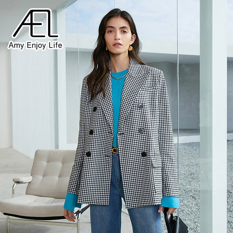 AEL Women Notched Neck Blazer Plaid Coat Suits Office Female Spring Casual Double-Breasted Ladies Jacket