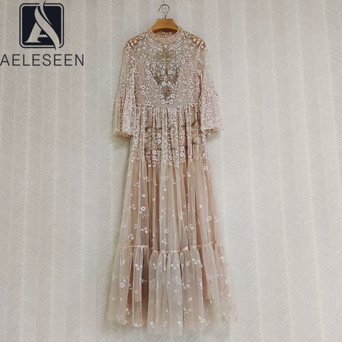 AELESEEN Designer Maxi Dress Runway Long Flare Sleeve Ruffled  Beading Sequined Mesh Flower Embroidery Dresses