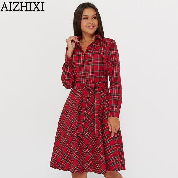 AIZHIXI Women's Classic Scottish Plaid Dress Spring Autumn Long Sleeve Belt Casual Turn-down Collar Button Shirt Dresses Vestido