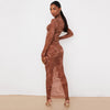 AJAR LILIC 2022 Printed dress feminine perspective net gauze round neck long sleeve long dress