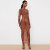 AJAR LILIC 2022 Printed dress feminine perspective net gauze round neck long sleeve long dress