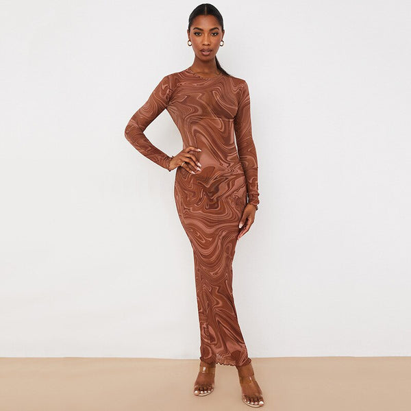 AJAR LILIC 2022 Printed dress feminine perspective net gauze round neck long sleeve long dress