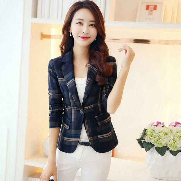 Women Blue Red Plaid Blazer  Style Slim Blazers And Jackets One Button Suit Girl Office Jacket Elegant YR087
