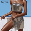 Summer Sexy Dress Shine Bling Metal Chain Halter Split Two Pieces Women Party Dresses Club Sexy 3 Colors Women Sets