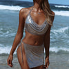 Summer Sexy Dress Shine Bling Metal Chain Halter Split Two Pieces Women Party Dresses Club Sexy 3 Colors Women Sets
