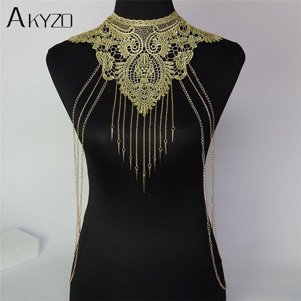 Fashion Festival Wear Lace Tassel Crop Tops Women Hollow Out Metal Chain Nightclub Party Burning Wild Tank Tops