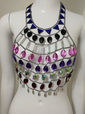 Women Colorful Acrylic Crystal Festival Tank Tops Beach Sparkly Crazy Gem Sequins O Neck Nightclub Party Camis Crop Top