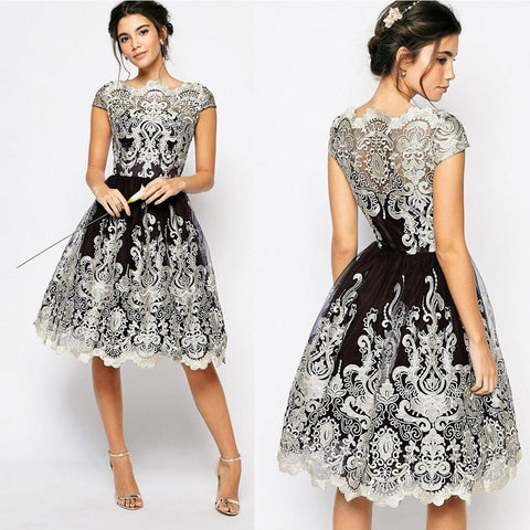 Vintage Summer Dress Women Sexy Hollow Out Lace Dress Elegant Casual Short Sleeve Ball Gown Party Dresses vestidos