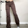 ALLNeon Retro Streetwear Button Up Low Rise Jeans with Pockets Indie Aesthetics Full Length Brown Denim Trousers 90s Outfit