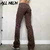 ALLNeon Retro Streetwear Button Up Low Rise Jeans with Pockets Indie Aesthetics Full Length Brown Denim Trousers 90s Outfit