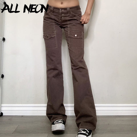 ALLNeon Retro Streetwear Button Up Low Rise Jeans with Pockets Indie Aesthetics Full Length Brown Denim Trousers 90s Outfit