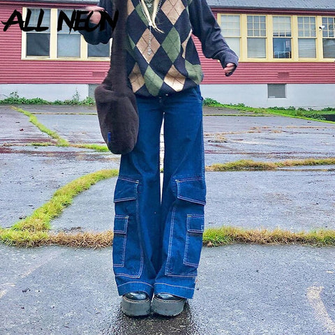 ALLNeon Y2K 90s Big Pockets Baggy Jeans Indie Vintage High Waist Denim Trousers Hip Hop Loose Straight Pants Streetwear