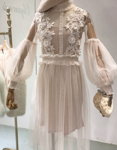 2022 Spring New Lace Dress Lantern Sleeve High Waist Slim Perspective Gauze Women Sexy Vestidos Party Dress