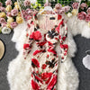 ALPHALMODA 2022 Square Neck Pleated Floral Print Slim Long Sleeve Buttock Dress Women Retro Style Straight Step Dress