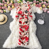 ALPHALMODA 2022 Square Neck Pleated Floral Print Slim Long Sleeve Buttock Dress Women Retro Style Straight Step Dress
