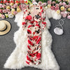 ALPHALMODA 2022 Square Neck Pleated Floral Print Slim Long Sleeve Buttock Dress Women Retro Style Straight Step Dress