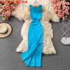 ALPHALMODA 2022 Summer Hollow Out Twisted Back Sleeveless High Slit Sexy Women Knitted Dress Solid Color Feminine Mid-calf Dress