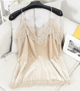 Lace Sexy V-collar Velvet Camisole 2022 Winter Women's Solid Color Sexy Bottom Camis