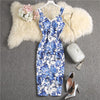 ALPHALMODA Stretchy Tank Dress Summer Elegant Single Breasted Floral Printed Ladies Slim Cotton Dress