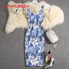 ALPHALMODA Stretchy Tank Dress Summer Elegant Single Breasted Floral Printed Ladies Slim Cotton Dress