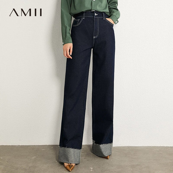 AMII Minimalism Autumn Vintage Women's Jeans High Wasit Solid Wide Leg Women Pants Long Female Trousers 12070384