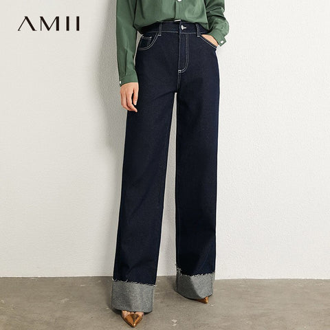 AMII Minimalism Autumn Vintage Women's Jeans High Wasit Solid Wide Leg Women Pants Long Female Trousers 12070384