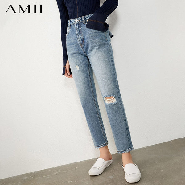 AMII Minimalism Autumn Women's Jeans High Waist Ripped Jeans Causal Cotton Ankel-length Jeans For Women 12040711