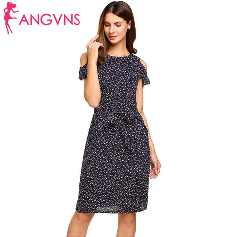 Women Vintage Summer Dress 2022 Top Rufflles Cold Shoulder Short Sleeve Floral Print Casual Dress with Belt Beach Dress
