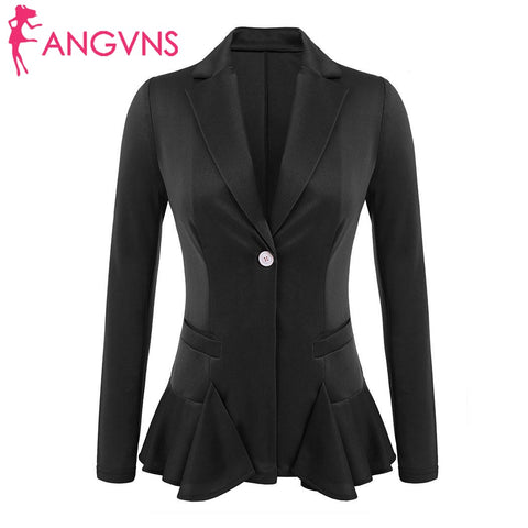 Women's Lapel Blazer Autumn Notch Ruffles Hem Elegant Office Lady Slim Blazer Solid One Button Fit Feminino Black Blazer