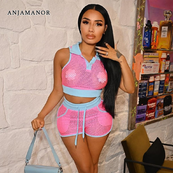 ANJAMANOR Neon Fishnet Mesh Sexy Two Piece Sets Womens Outifits Summer 2023 Sports Crop Top and Shorts  Items D89-CD22