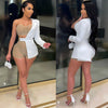 ANJAMANOR Sexy Club Three Piece Set Mesh Rhinestone Crop Top Shorts Sets Unique Women's Outfits Blazer Suits  D35-EI37