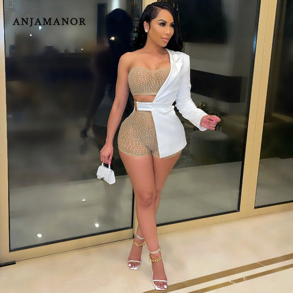 ANJAMANOR Sexy Club Three Piece Set Mesh Rhinestone Crop Top Shorts Sets Unique Women's Outfits Blazer Suits  D35-EI37