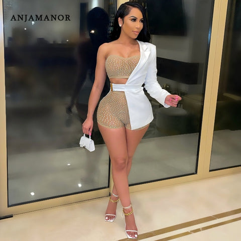 ANJAMANOR Sexy Club Three Piece Set Mesh Rhinestone Crop Top Shorts Sets Unique Women's Outfits Blazer Suits  D35-EI37